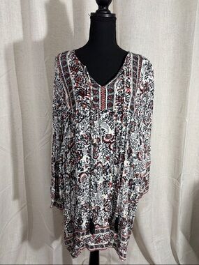 Anandas Collection Boho V-Neck Tunic Dress in White, Black & Red